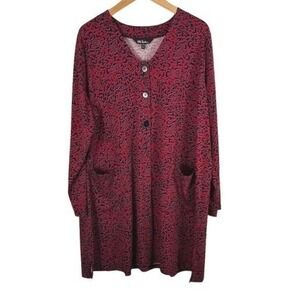 Ulla Popken Cardigan Lagenlook 3 Button Up Womens 20/22 Red Animal Print Pockets